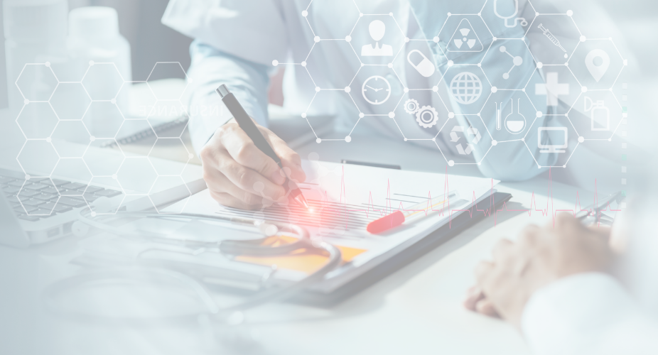 Opaque graphic of a Doctor's heands writing on paper, overlaid with icons depicting virtual health tools