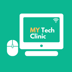 A logo of My Tech Clinic with a green background and a desktop and mouse in it