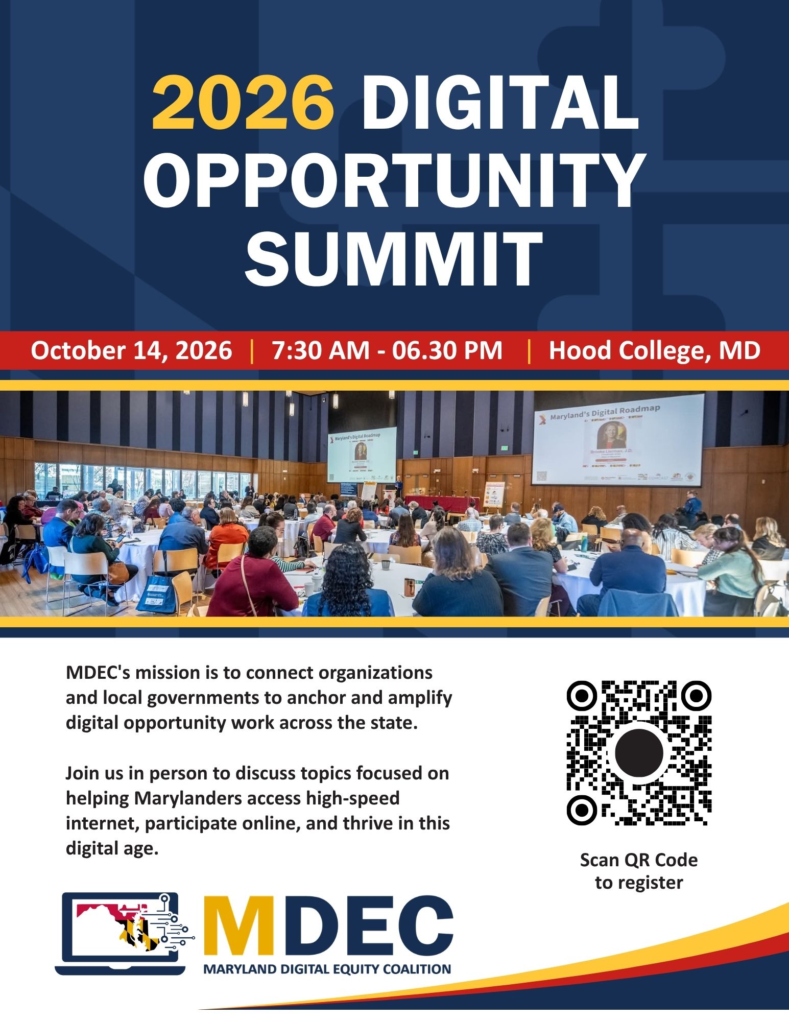 Blue header with 2026 Digital Opportunity Summit and picture of group of people at a conference featuring information about the summit, QR code, and MDEC logo.