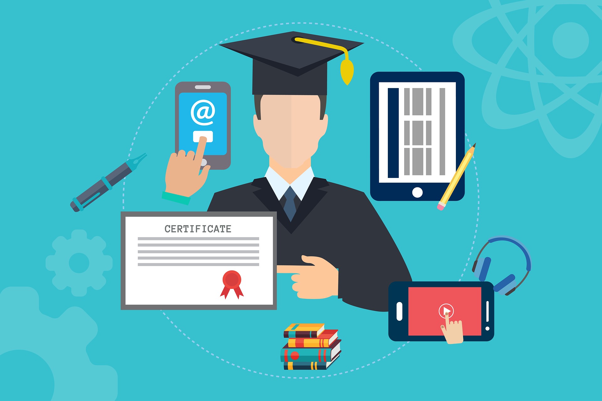 Teal graphic featuring clipart image of a person with a graduation cap and gown surrounded by a cell phone, tablet, certificate, and textbooks.