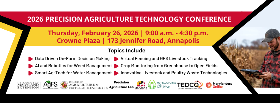 Black, red, yellow themed header graphic featuring information and sponsors of the 2026 conference and a picture of a farmer wearing a red plaid shirt looking at a tablet in a field of corn.