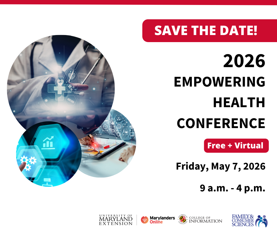 White graphic with red theme featuring three circle graphics depicting tech and health related imagery, with Save the Date and 2026 Empowering Health conference info