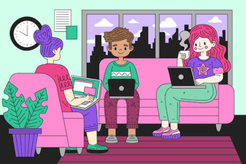 3 kids sitting in a couch and using their laptop