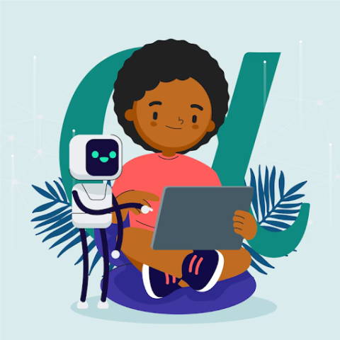 a kid using ai in a laptop