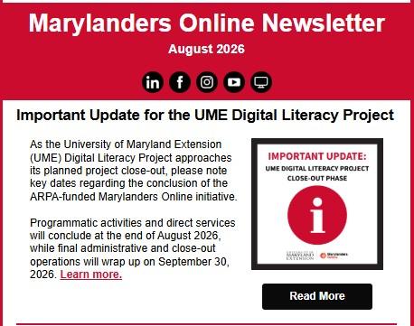 Screenshot of the 2026 August Newsletter, featuring red header and Important update for the UME digital literacy project