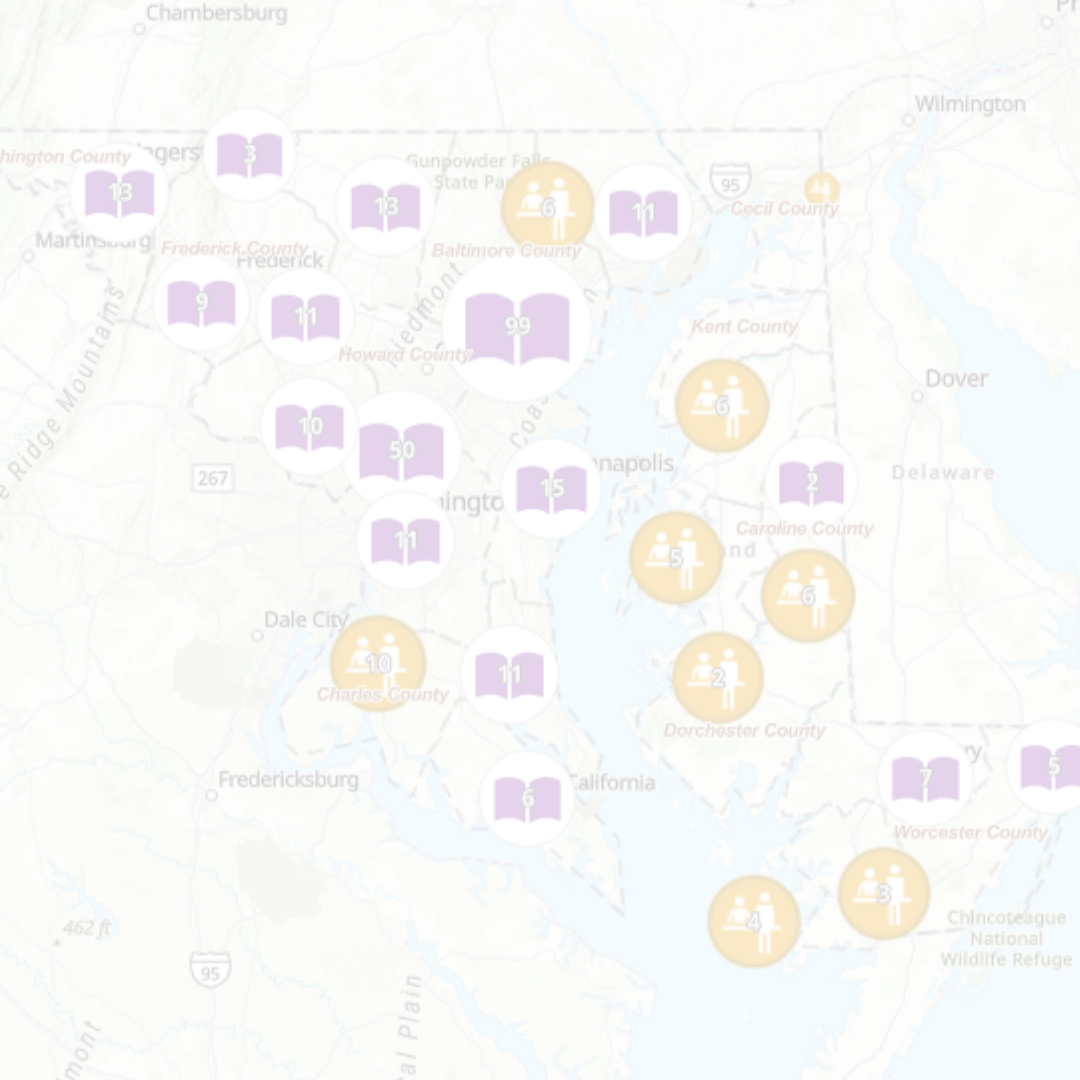 Opaque background featuring map of Maryland with resource callouts. 