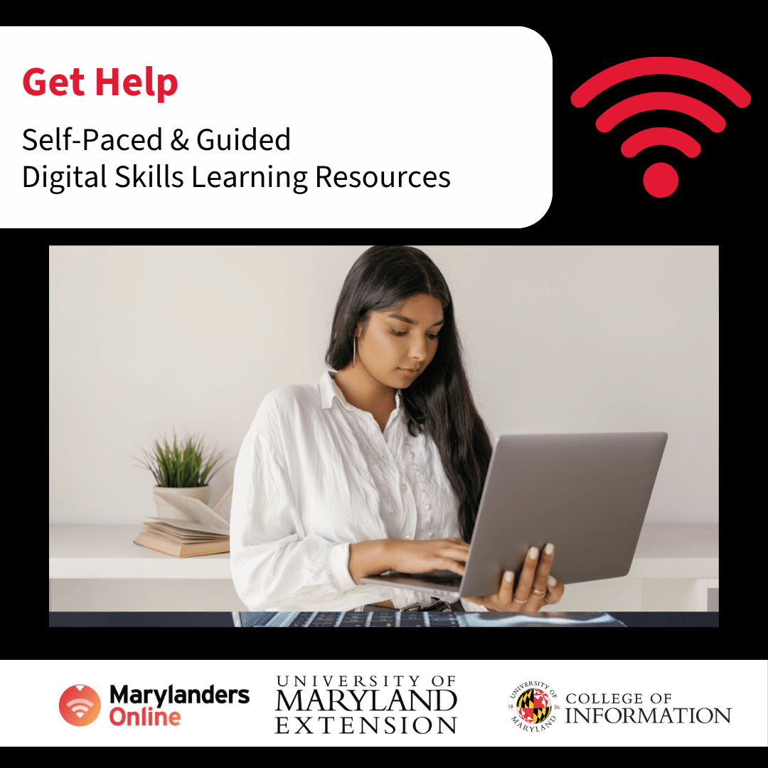 Black background with white callout text: "Get Help" with woman with long brown hair and white shirt looking down at a computer. UME Marylanders Online INFO logo at bottom.