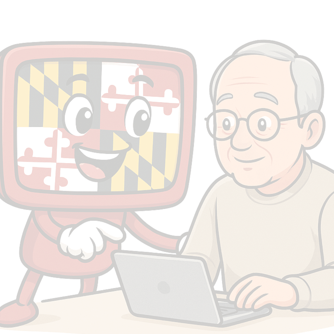 Opaque background featuring a clipart older man with glasses with a laptop being helped by a red laptop with a smiling Maryland flag face.  